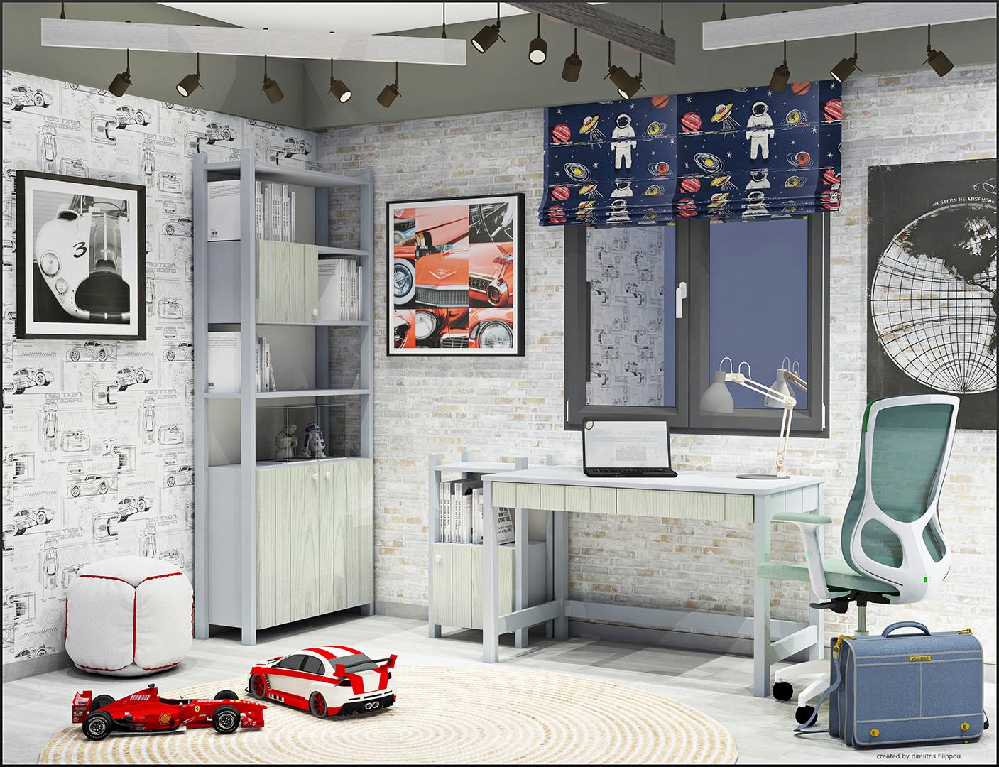 Νεανική σύνθεση γραφείου και βιβλιοθηκών